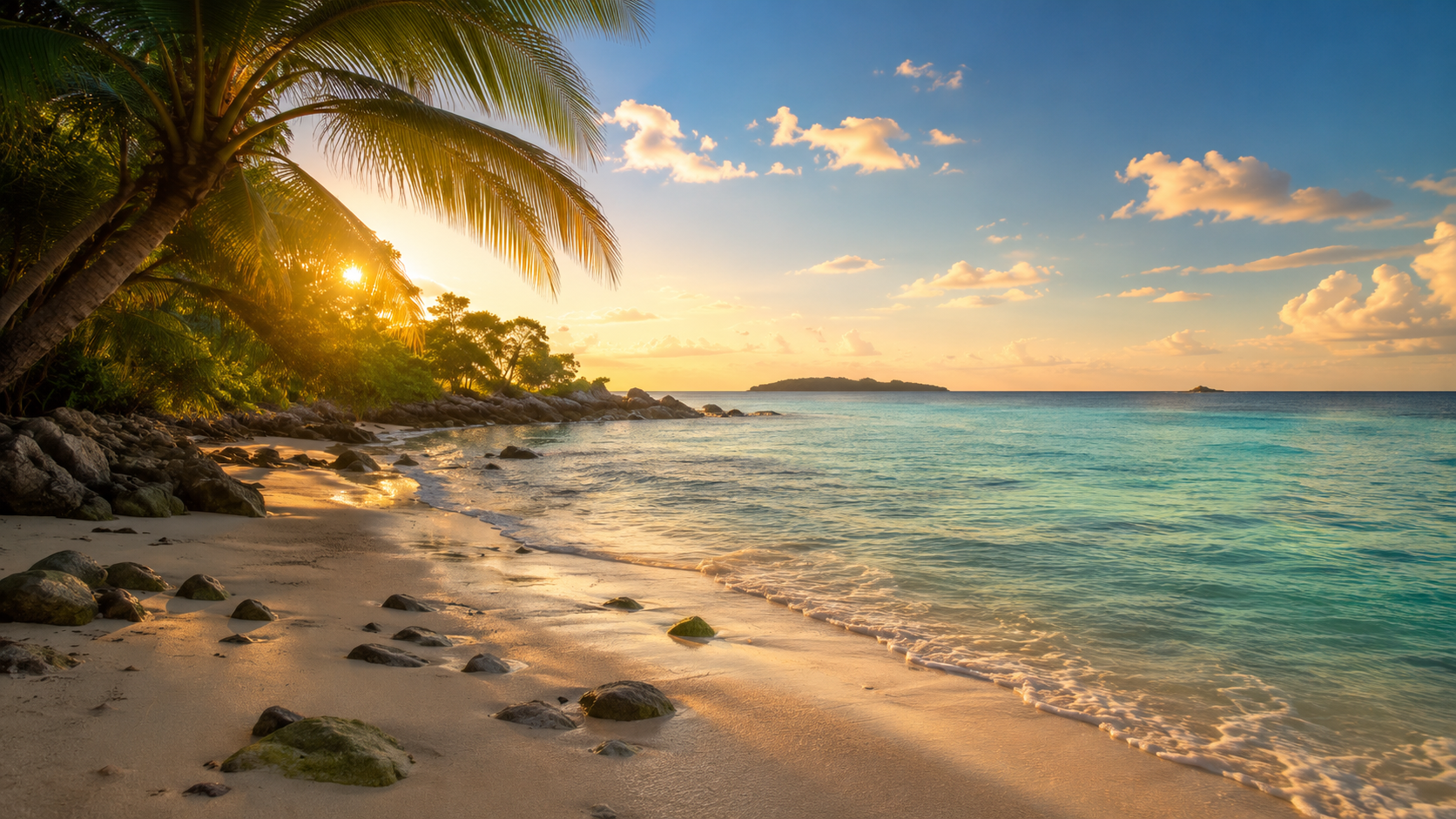 A serene tropical beach at golden hour