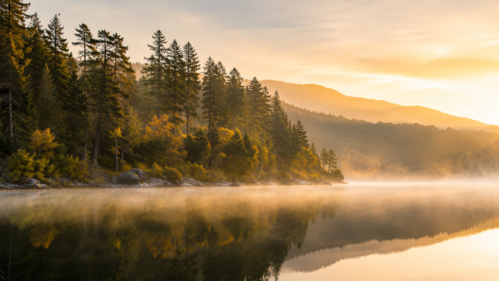 A calm forest lake at dawn with low fog over the water